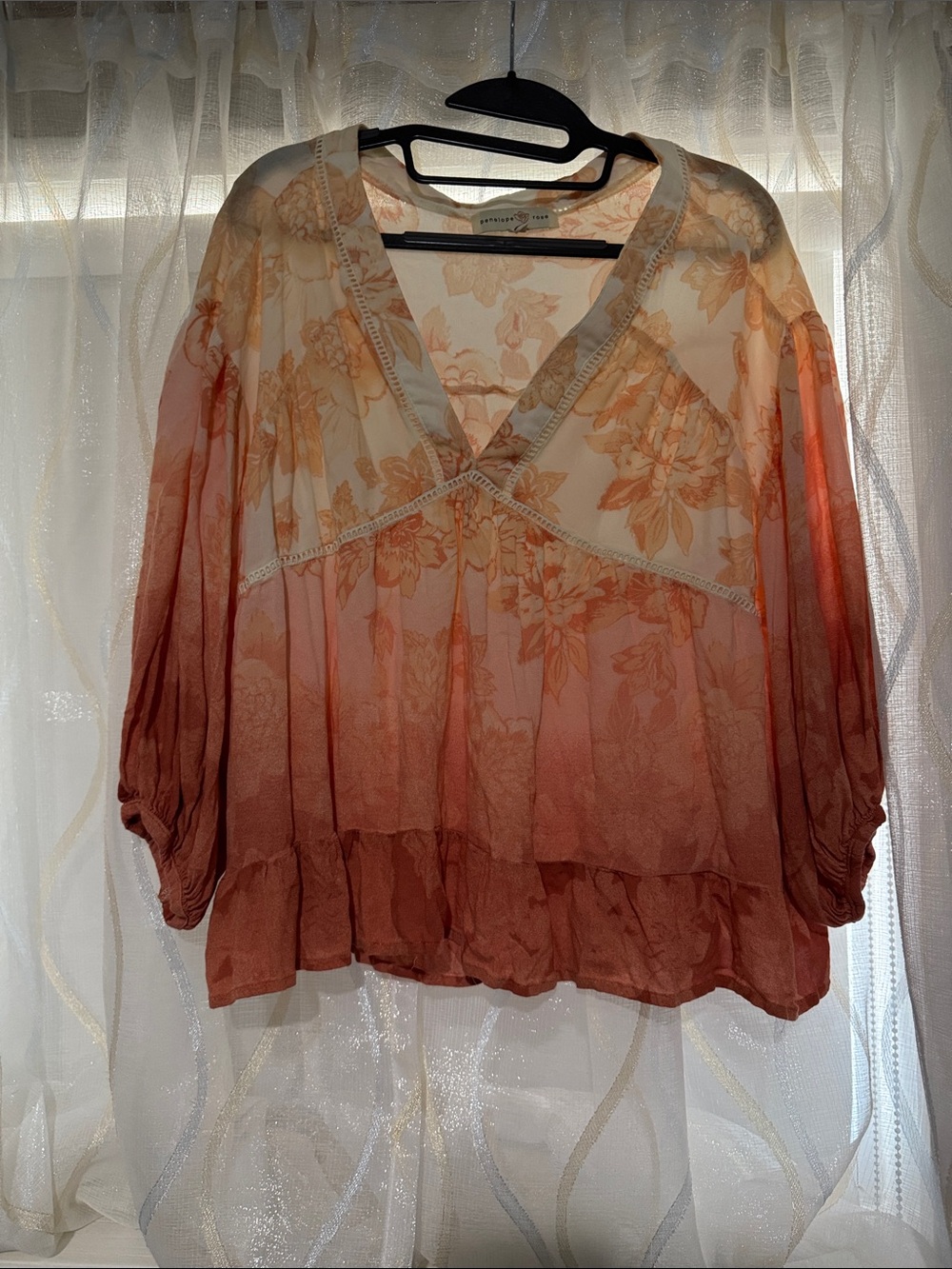 Women's Ombre Floral V-Neck Tunic Blouse - Peach to Terracotta